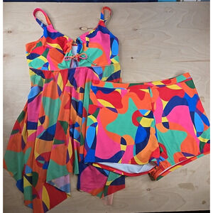 Women Tankini Beach Bathing Suit Top Shorts Set Size 3X Rainbow Multi Color Flow